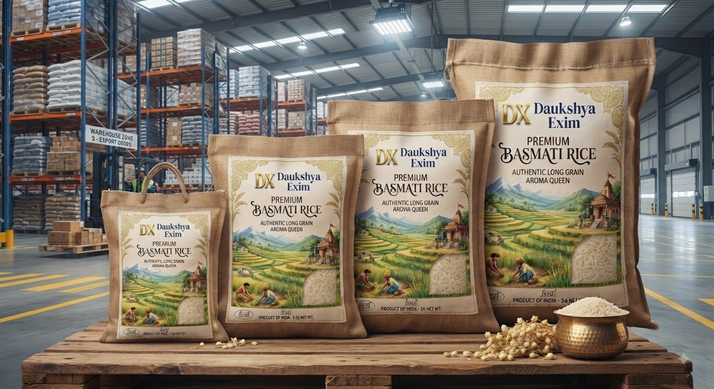 Premium Basmati — Jute Pack Range — Daukshya Exim rice export packaging