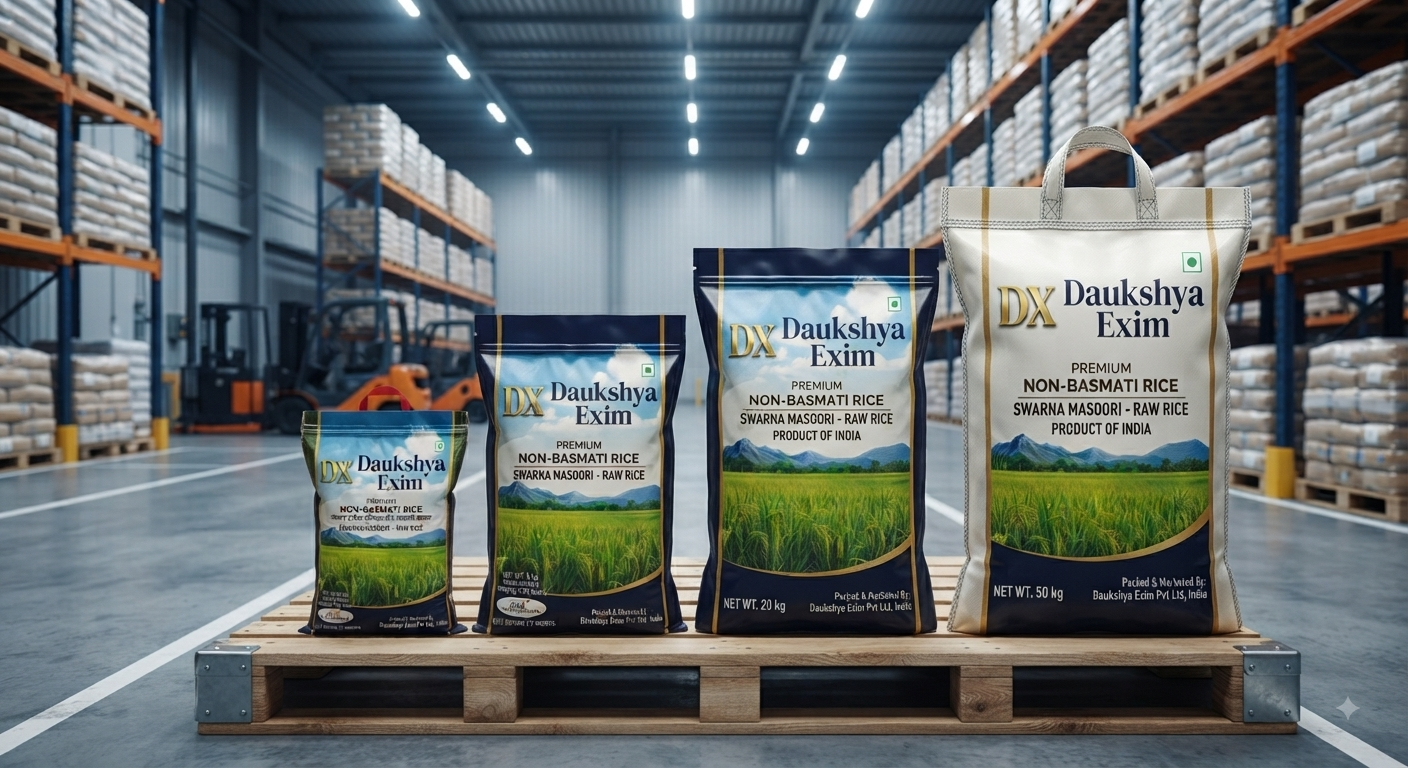 Swarna Masoori Raw Rice — Daukshya Exim rice export packaging
